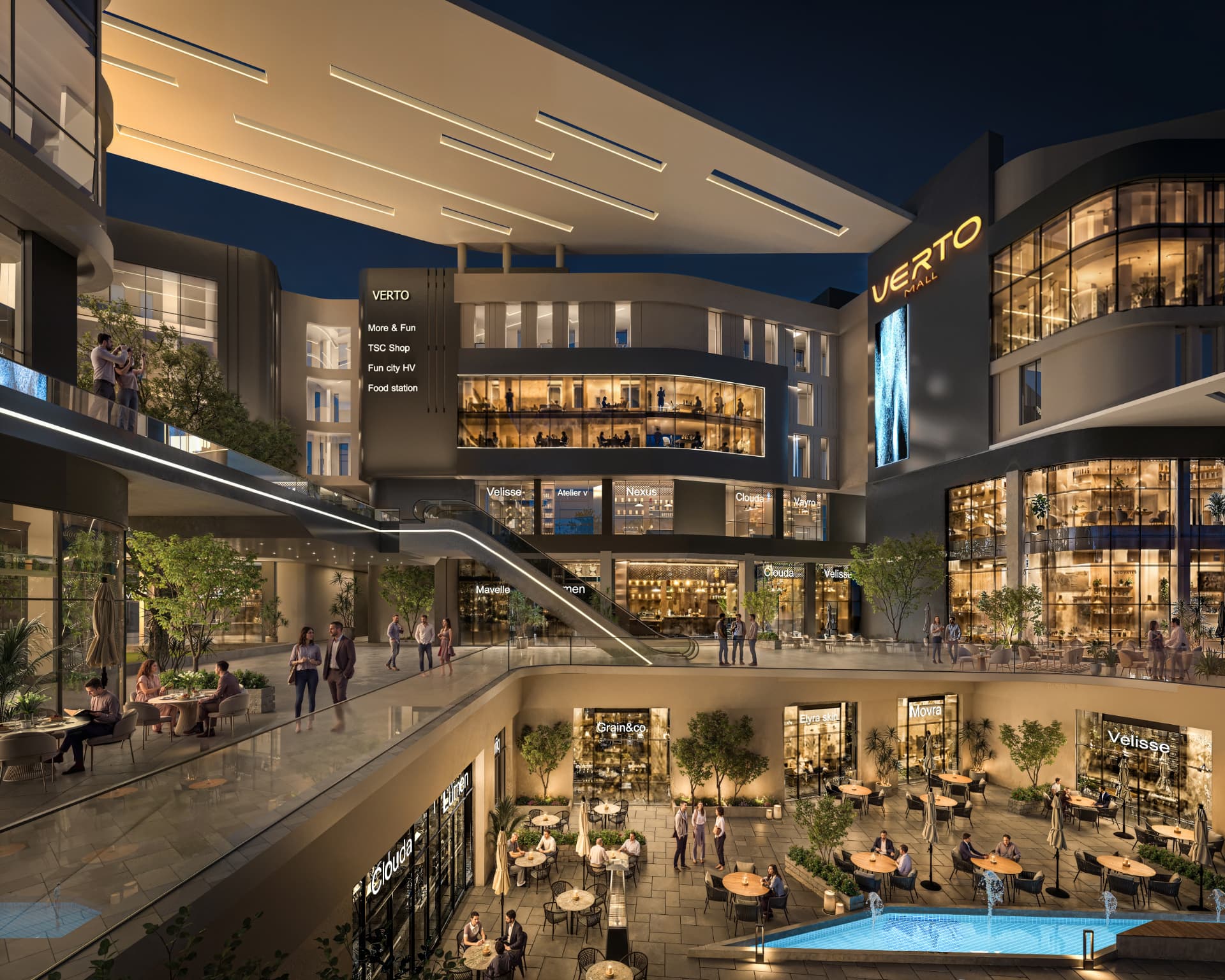 Open air plaza and terraces inside VERTO MALL at night