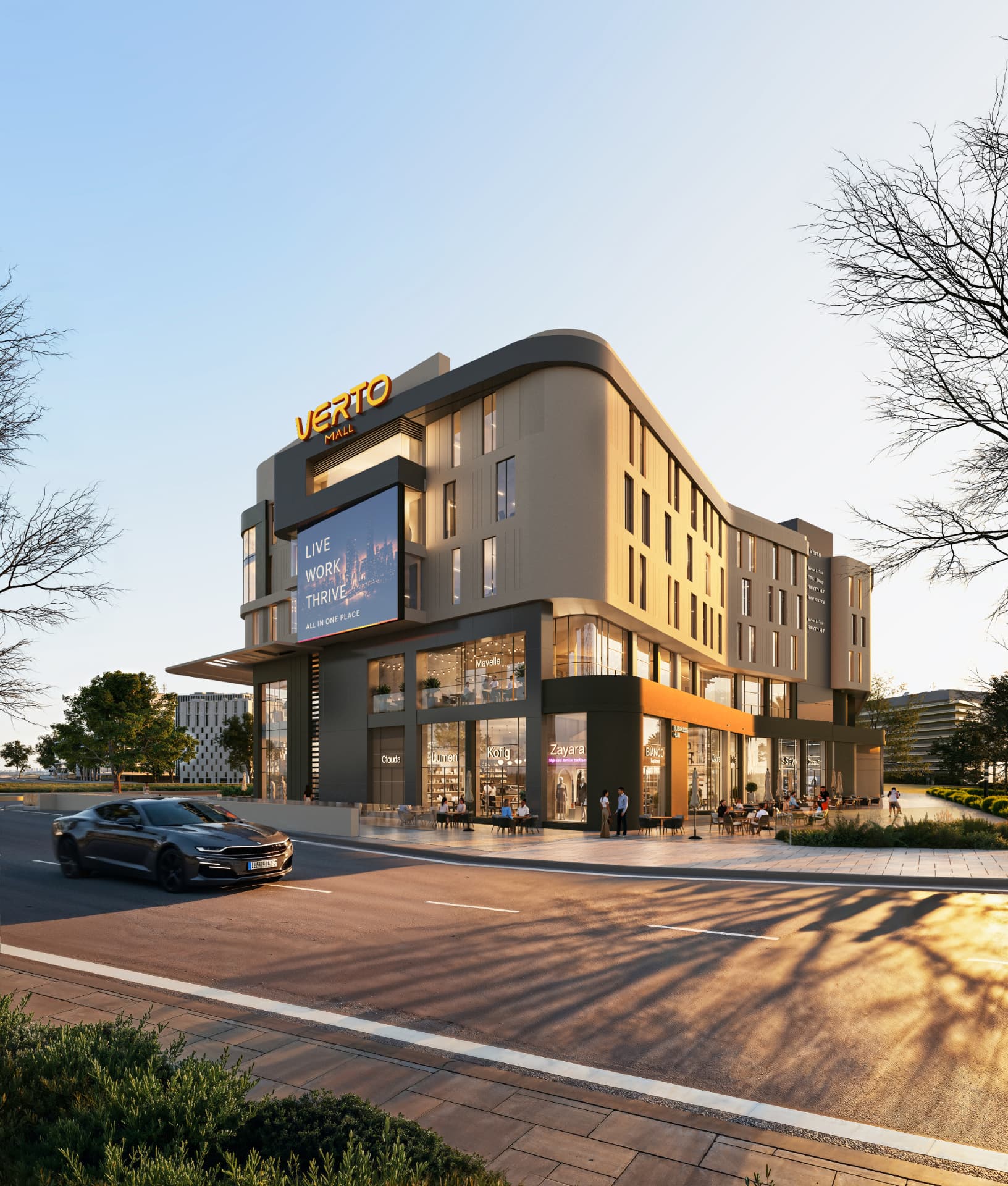 VERTO MALL curved facade in sunset light
